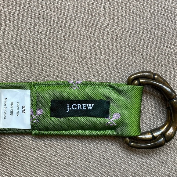 Embroidered Pink Tennis Racquets on Green Silk Belt J Crew - Picture 2 of 5